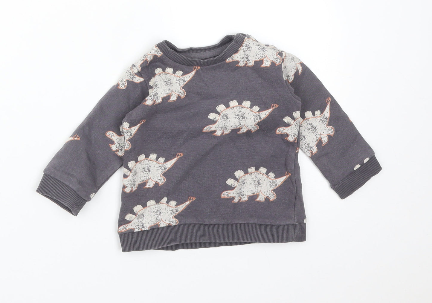 M&S Boys Grey Animal Print Cotton Basic T-Shirt Size 6-9 Months Crew Neck  - DINOSAURS
