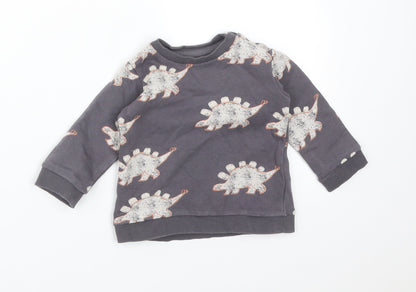 M&S Boys Grey Animal Print Cotton Basic T-Shirt Size 6-9 Months Crew Neck  - DINOSAURS