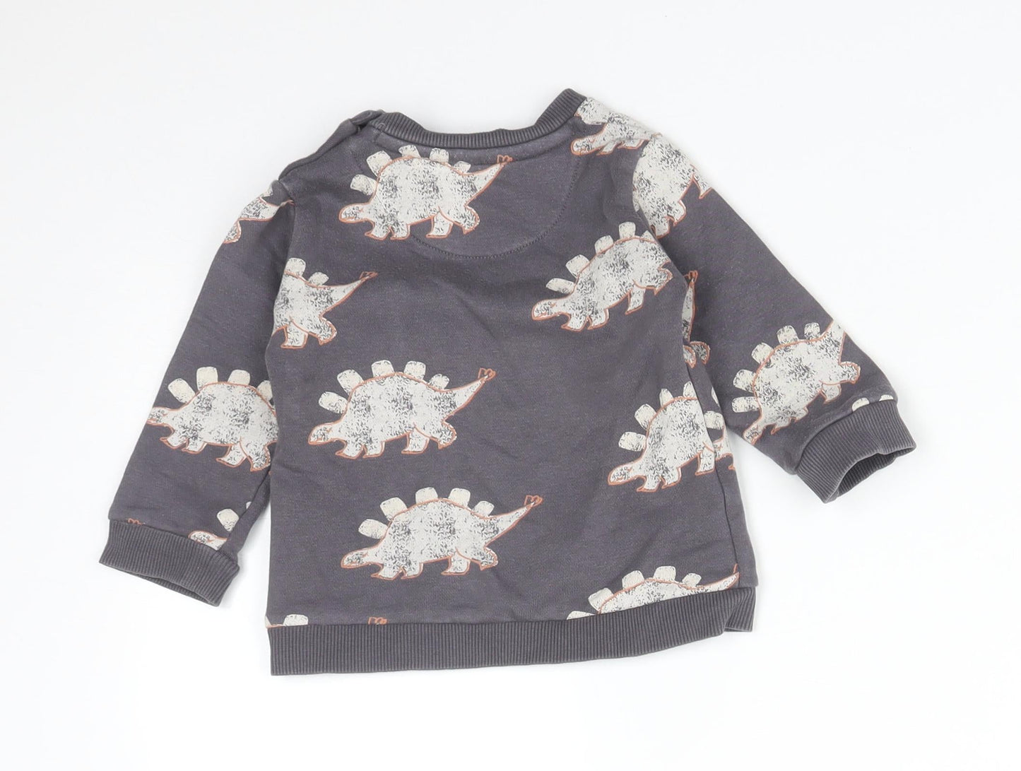 M&S Boys Grey Animal Print Cotton Basic T-Shirt Size 6-9 Months Crew Neck  - DINOSAURS