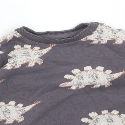 M&S Boys Grey Animal Print Cotton Basic T-Shirt Size 6-9 Months Crew Neck  - DINOSAURS