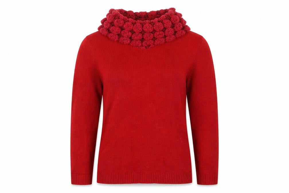 Front view of PURE&NATURAL women’s red roll neck acrylic jumper, size M