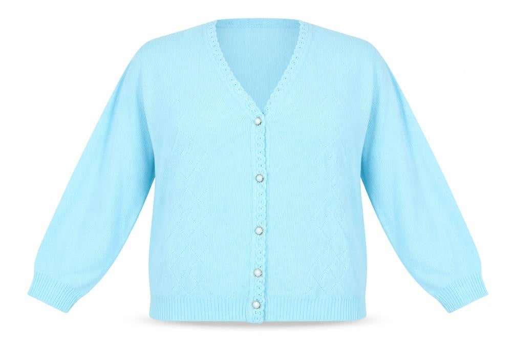 Front view of MERRY GOLD women’s blue v-neck argyle/diamond acrylic cardigan jumper, size L