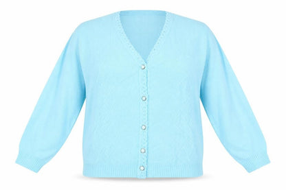 Front view of MERRY GOLD women’s blue v-neck argyle/diamond acrylic cardigan jumper, size L