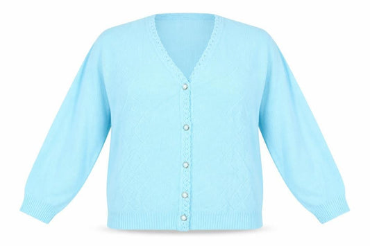 Front view of MERRY GOLD women’s blue v-neck argyle/diamond acrylic cardigan jumper, size L