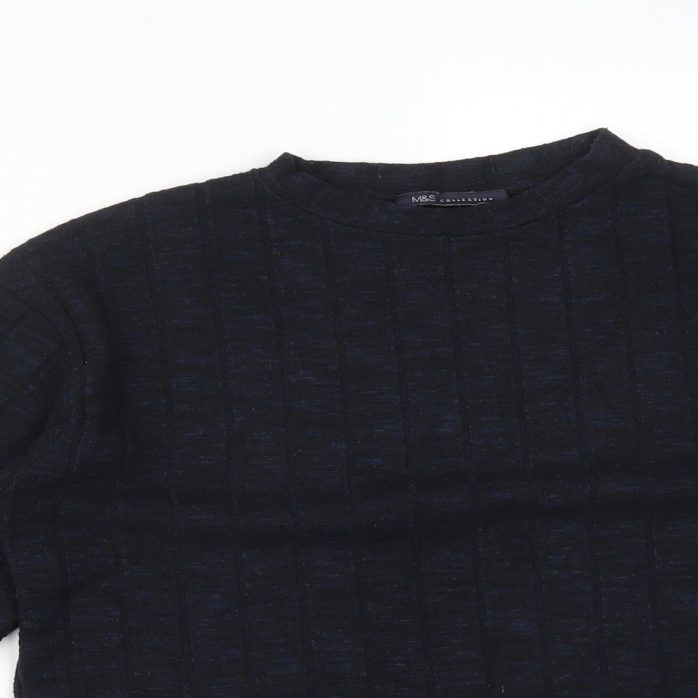 Close-up detail of M^S women’s multicoloured striped viscose basic t-shirt, size UK 10, round neck