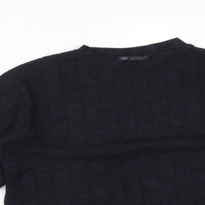 Close-up detail of M^S women’s multicoloured striped viscose basic t-shirt, size UK 10, round neck