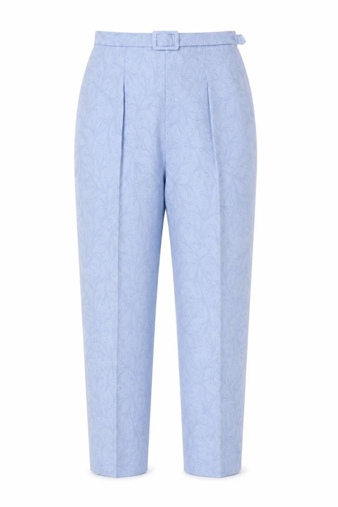 Front view of Grace women’s blue floral acetate trousers, size UK 10, 28-inch leg regular