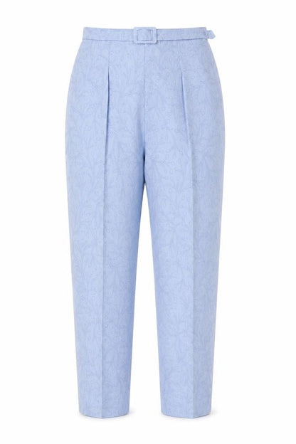 Front view of Grace women’s blue floral acetate trousers, size UK 10, 28-inch leg regular