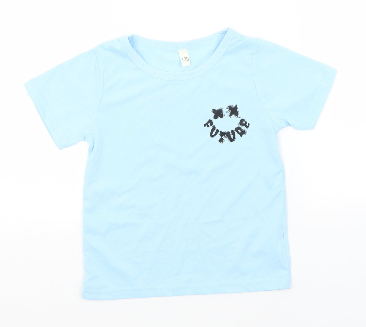 Front view of SheIn boys’ blue polyester basic t-shirt, size 6-7, years round neck - future