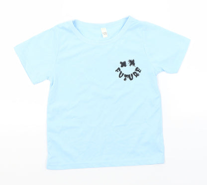 Front view of SheIn boys’ blue polyester basic t-shirt, size 6-7, years round neck - future