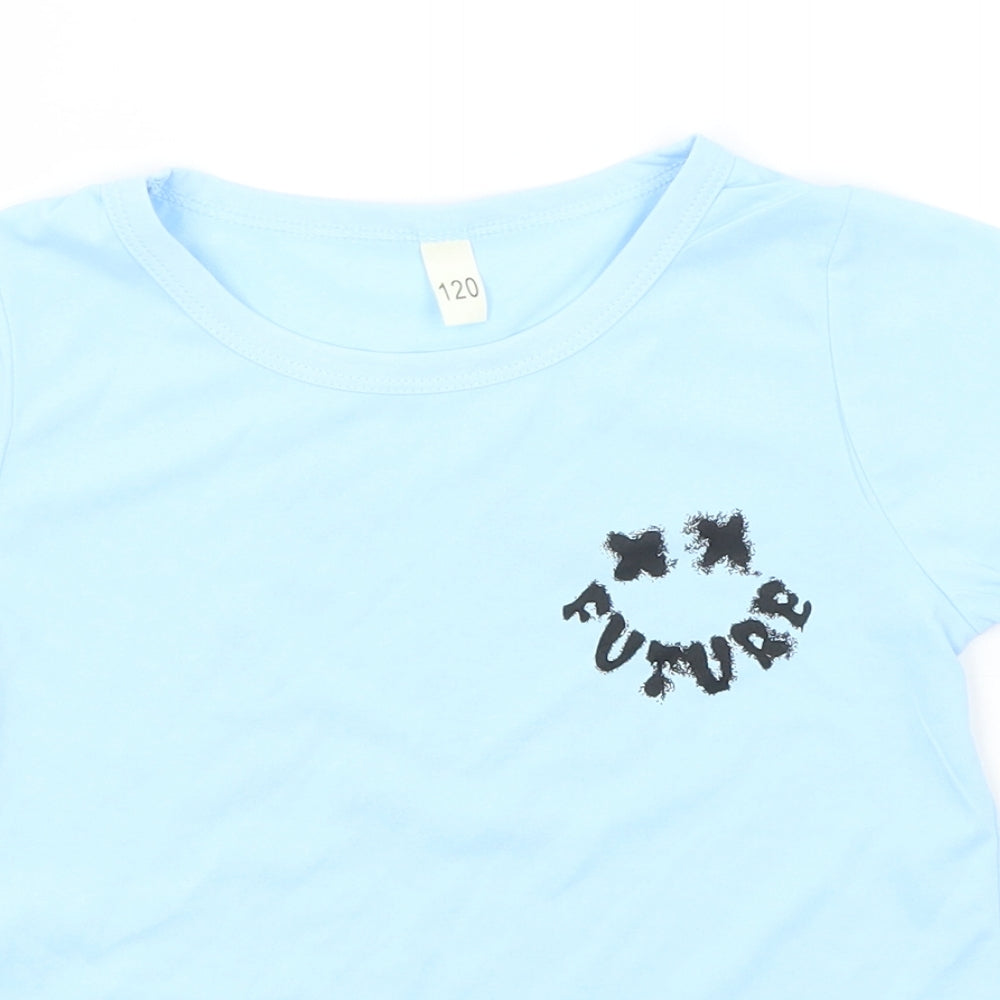 Close-up detail of SheIn boys’ blue polyester basic t-shirt, size 6-7, years round neck - future
