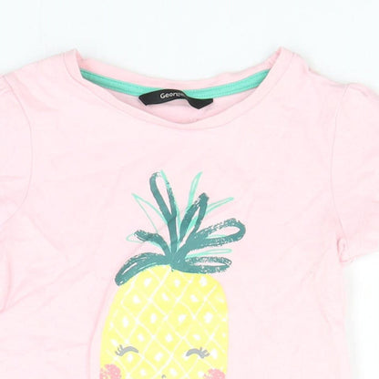 George Girls Pink  Cotton Basic T-Shirt Size 3-4 Years Round Neck  - Pineapple