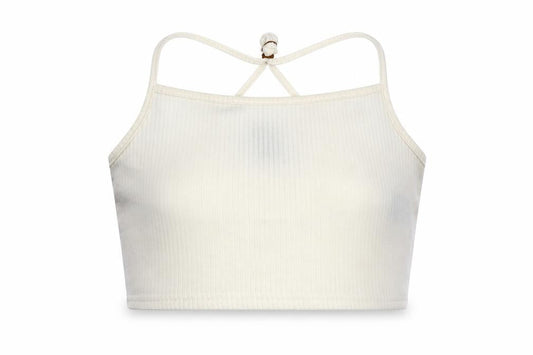 Front view of Divided women’s white polyester cropped tank, size L, round neck