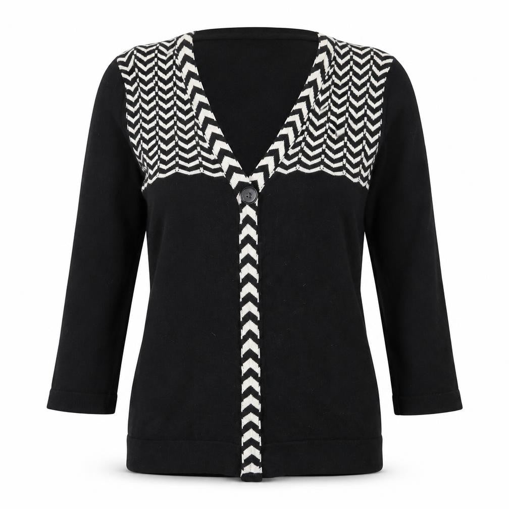 Front view of Country Casuals women’s black v-neck cotton cardigan jumper, size S