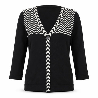 Front view of Country Casuals women’s black v-neck cotton cardigan jumper, size S