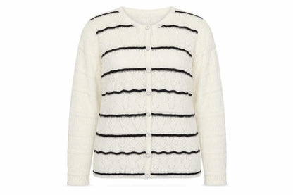Front view of Annabelle women’s white round neck striped acrylic cardigan jumper, size L