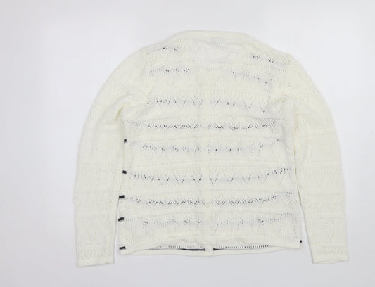 Annabelle Womens White Round Neck Striped Acrylic Cardigan Jumper Size L