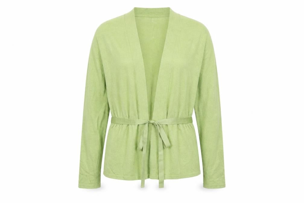 Front view of B&W women’s green v-neck acrylic cardigan jumper, size L