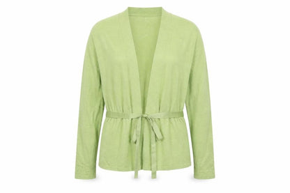 Front view of B&W women’s green v-neck acrylic cardigan jumper, size L