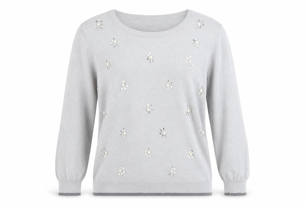 Front view of Classics women’s grey round neck floral acrylic jumper, size M