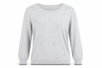 Front view of Classics women’s grey round neck floral acrylic jumper, size M