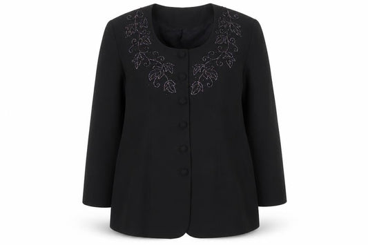 Front view of Richards women’s black overcoat jacket, size UK 16