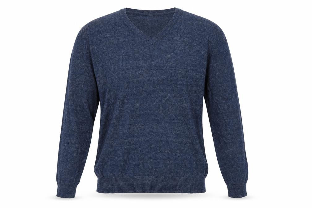 Front view of H&M men’s blue v-neck cotton jumper, size S