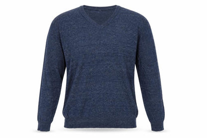 Front view of H&M men’s blue v-neck cotton jumper, size S