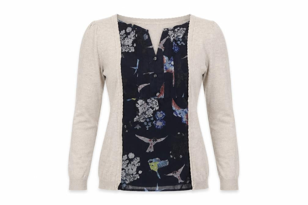 Front view of Next women’s beige square neck floral cotton jumper, size UK 6