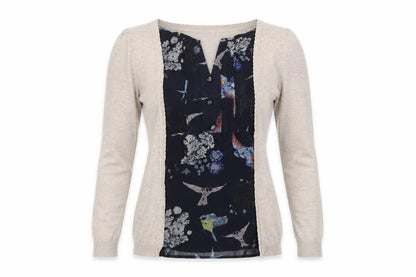 Front view of Next women’s beige square neck floral cotton jumper, size UK 6