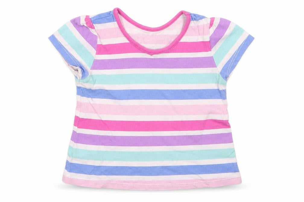 Front view of George girls’ pink striped cotton basic t-shirt, months round neck - pink purple blue white aqua stripes