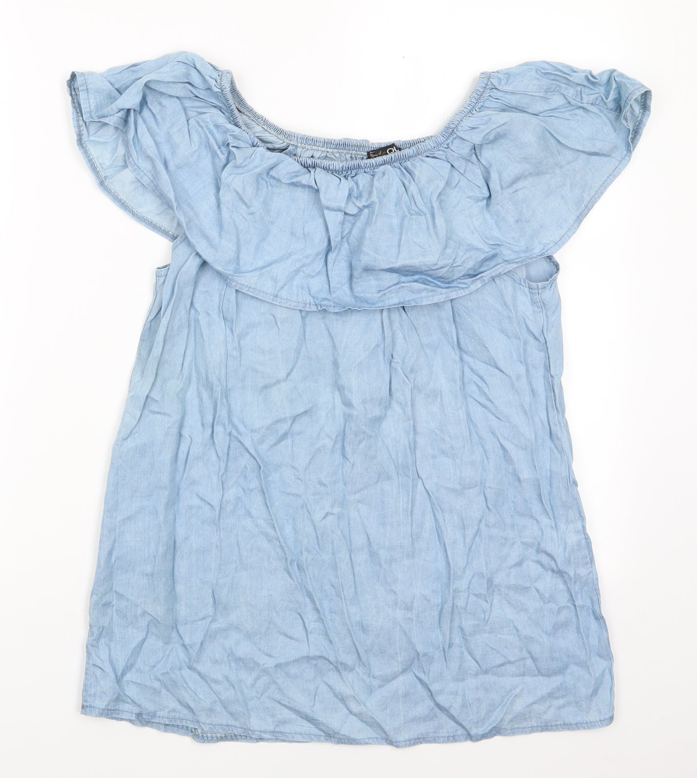 Quiz Womens Blue   Basic Blouse Size XS Off the Shoulder - Pale blue top with frill Elasticated shoulders