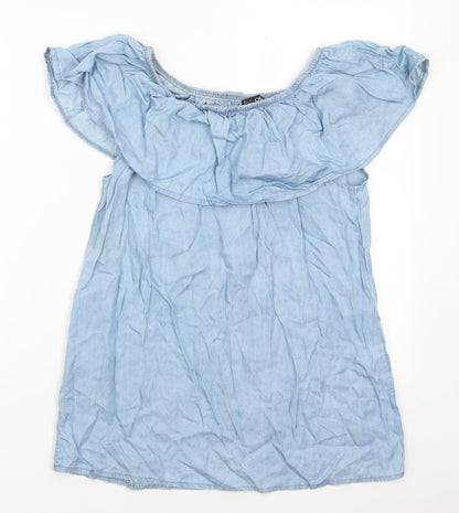 Quiz Womens Blue   Basic Blouse Size XS Off the Shoulder - Pale blue top with frill Elasticated shoulders