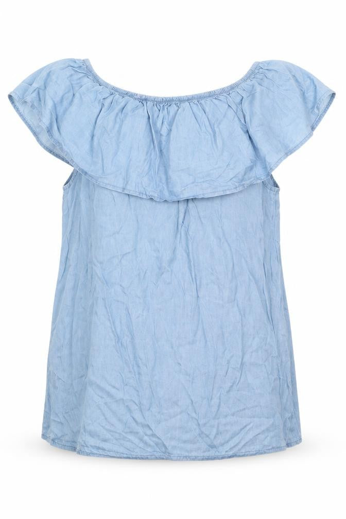 Front view of Quiz women’s blue basic blouse, size XS, off the shoulder - pale blue top with frill elasticated shoulders