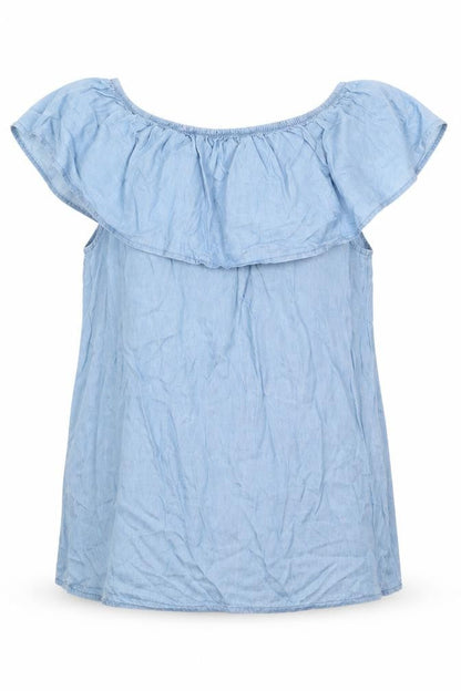 Front view of Quiz women’s blue basic blouse, size XS, off the shoulder - pale blue top with frill elasticated shoulders