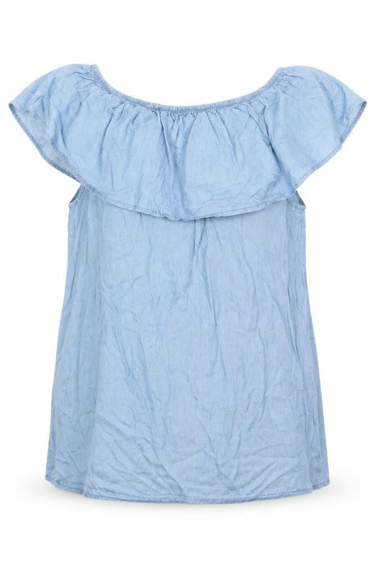 Front view of Quiz women’s blue basic blouse, size XS, off the shoulder - pale blue top with frill elasticated shoulders