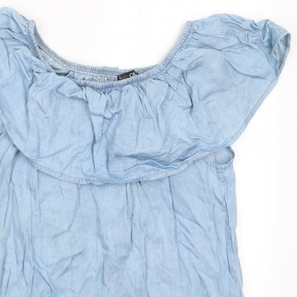 Quiz Womens Blue   Basic Blouse Size XS Off the Shoulder - Pale blue top with frill Elasticated shoulders