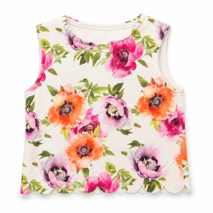 Front view of E-vie Angel girls’ ivory floral polyester tunic tank, size 9-12, months round neck - red pink orange flowers