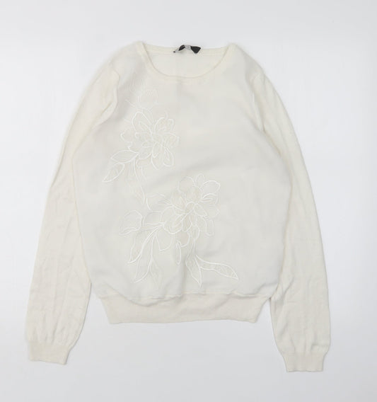 Coast Womens White Round Neck Floral Polyamide Pullover Jumper Size XS