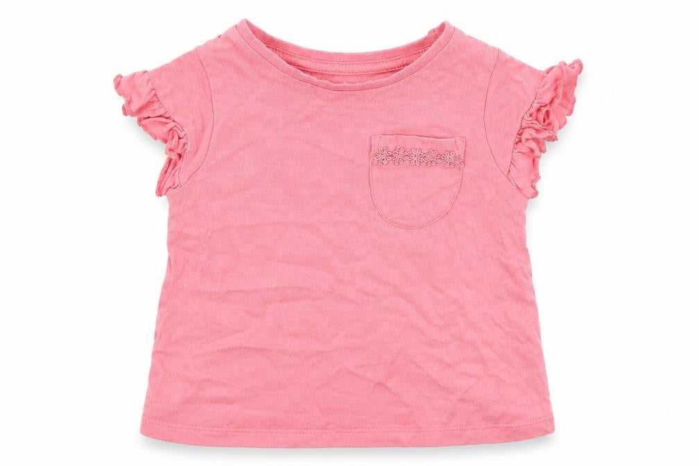 Front view of Nutmeg girls’ pink cotton basic t-shirt, size 12-18, months round neck
