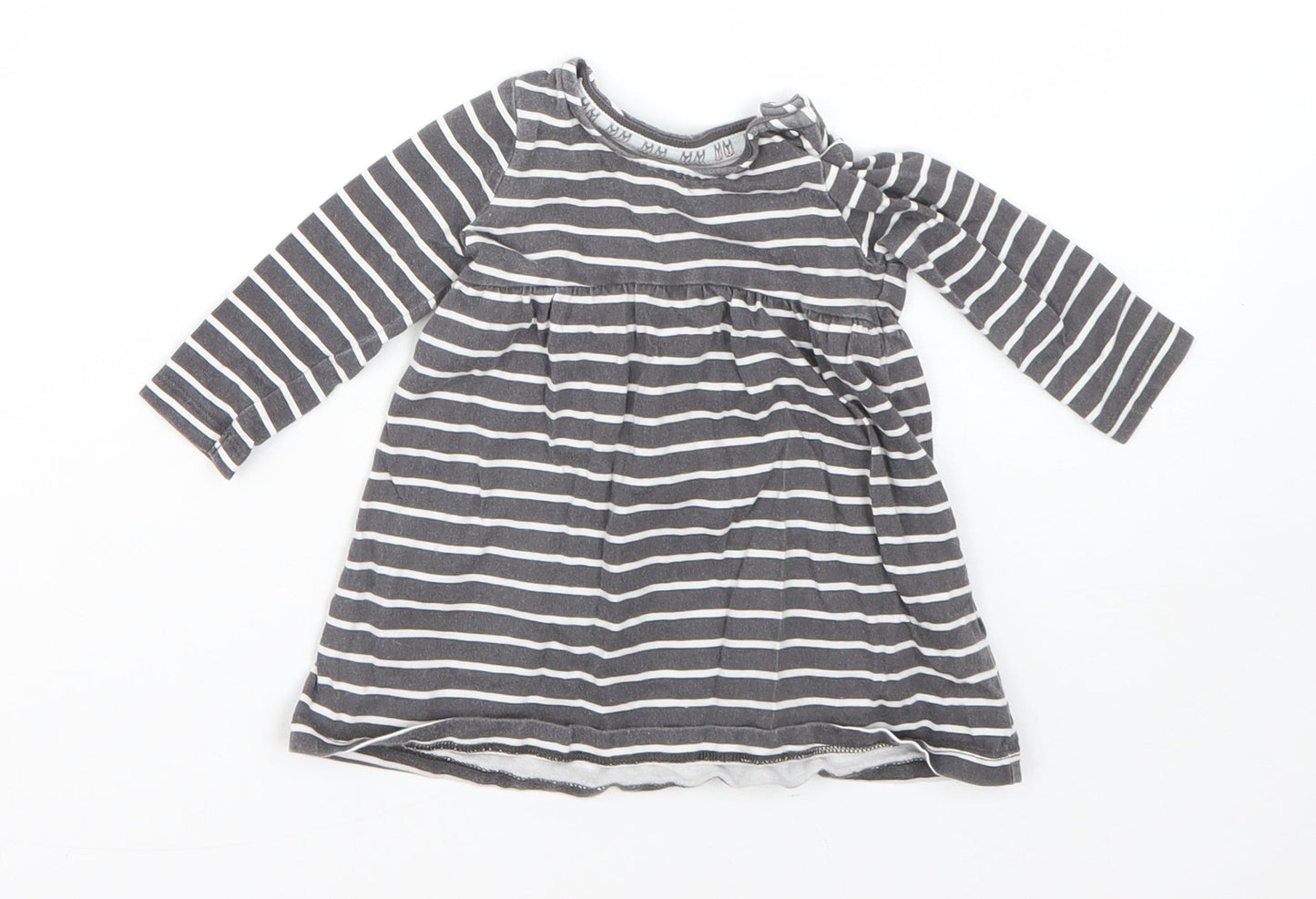 F&F Girls Grey Striped Cotton T-Shirt Dress  Size 0-3 Months  Round Neck