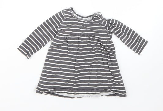 F&F Girls Grey Striped Cotton T-Shirt Dress  Size 0-3 Months  Round Neck