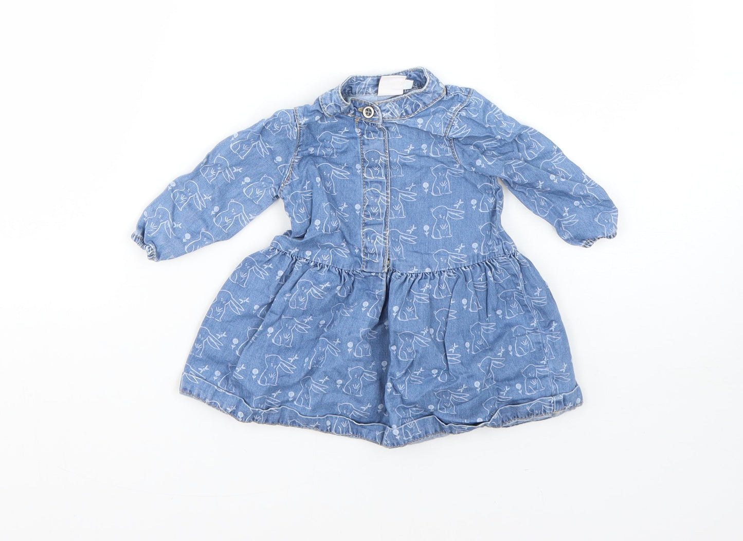 Mini Club Girls Blue  Cotton Shirt Dress  Size 0-3 Months  Round Neck  - rabbit