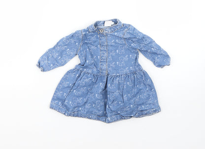 Mini Club Girls Blue  Cotton Shirt Dress  Size 0-3 Months  Round Neck  - rabbit