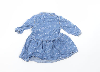 Mini Club Girls Blue  Cotton Shirt Dress  Size 0-3 Months  Round Neck  - rabbit