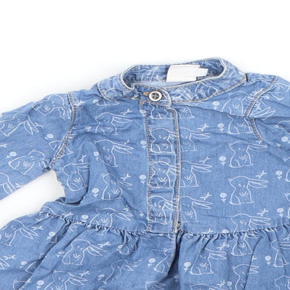 Mini Club Girls Blue  Cotton Shirt Dress  Size 0-3 Months  Round Neck  - rabbit
