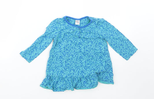 Mini Clube Girls Blue Floral Cotton T-Shirt Dress  Size 9-12 Months  Round Neck