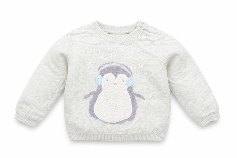Front view of Mini Club girls’ grey viscose jumper, size 6-9, months - penguin