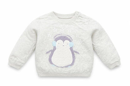 Front view of Mini Club girls’ grey viscose jumper, size 6-9, months - penguin