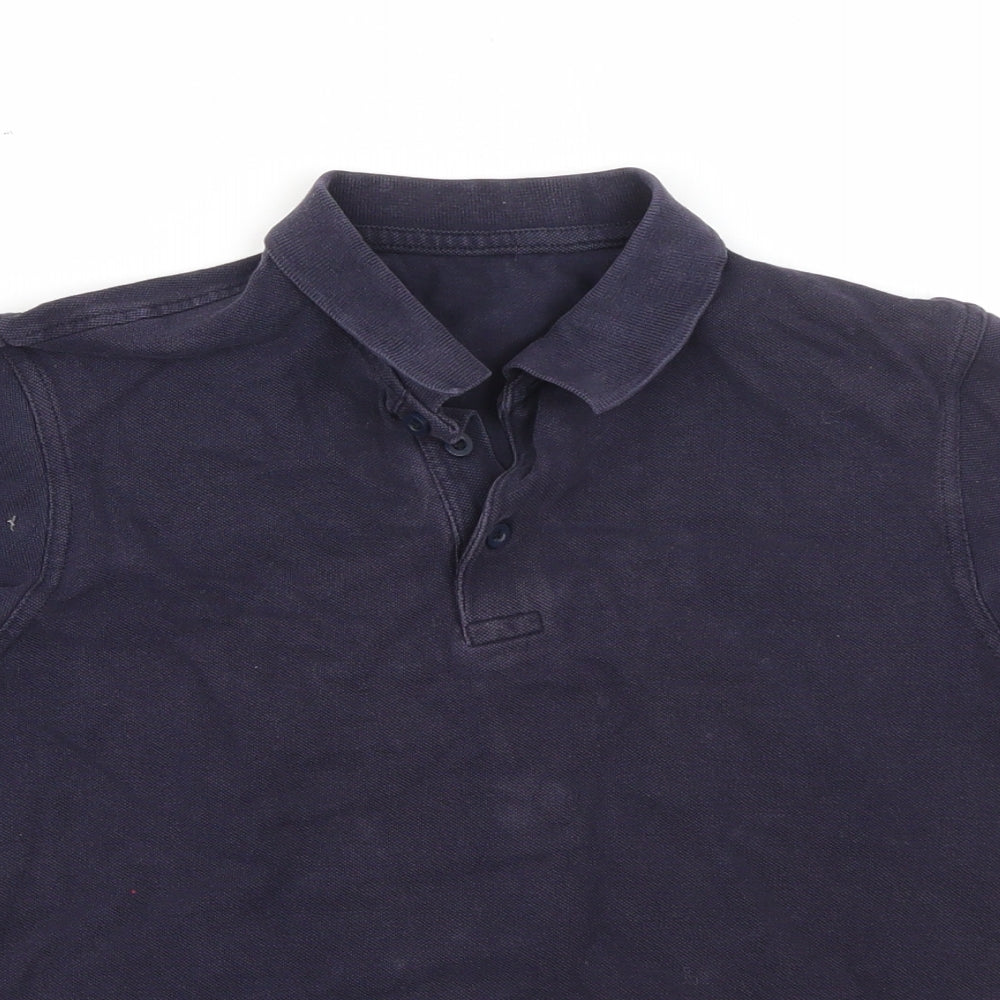 Close-up detail of George boys’ blue cotton basic polo, size 10-11, years collared